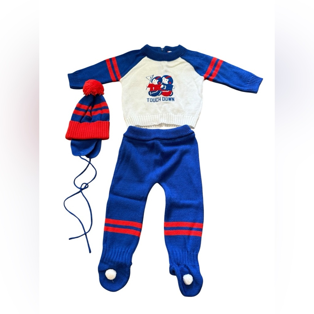 Vintage Infant Football ‘Touch Down' Knit Set with Hat Blue & Red 6/9 months